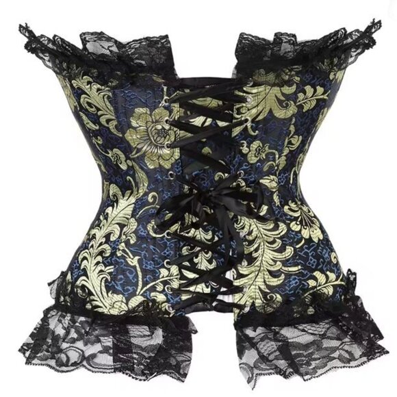 Blue Gold Black Lace Ruffled Corset Set - NEW - Picture 4 of 12